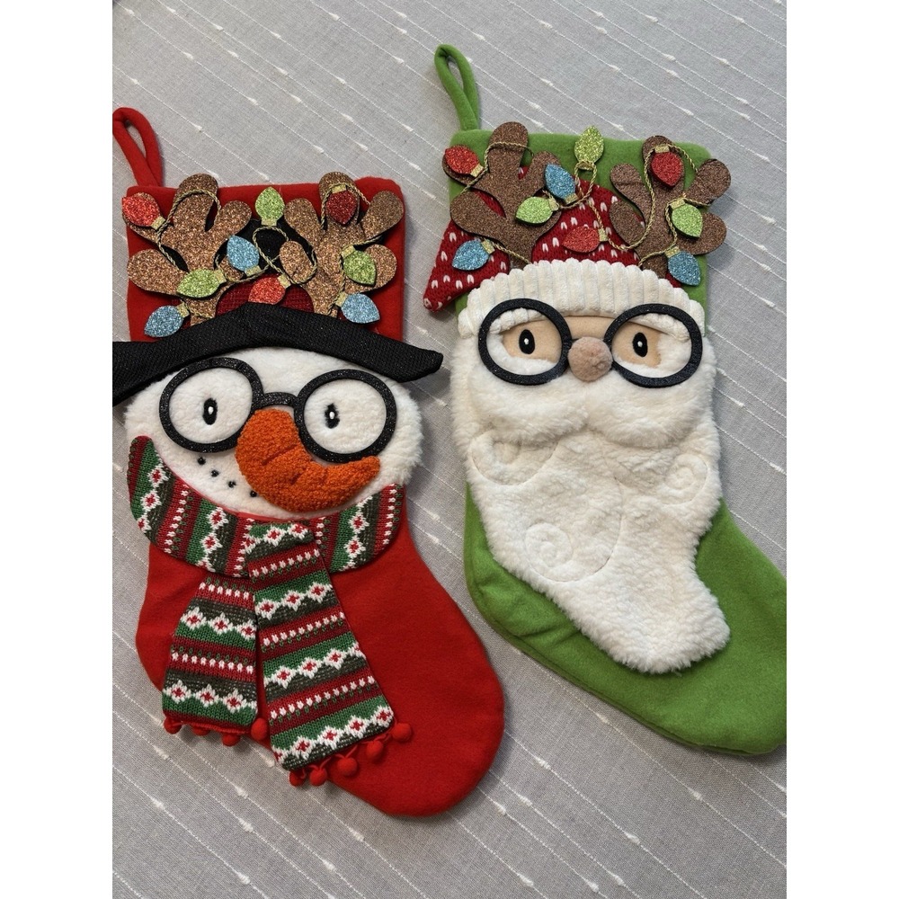 19" Red & Green Nerdy Snowman/Santa Christmas Stocking w/Eyeglasses Set Of 2 Fun